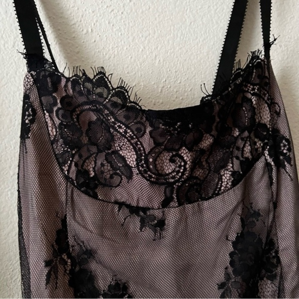 Anthropologie Mauve Nude Black Lace Overlay Side Slit Slip Dress - Picture 6 of 14